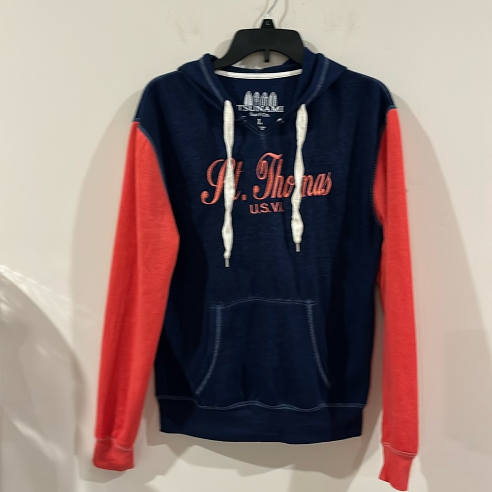 Tsunami Surf‎ Co. Size L Pullover Hoodie Beachy Cowgirl Cozycore Navy/Coral